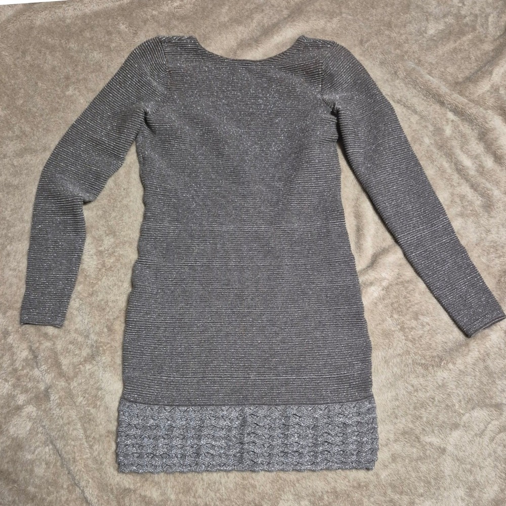 Moda International Metallic Silver Ribbed Knit Deep V-Neck Mini Sweater Dress S